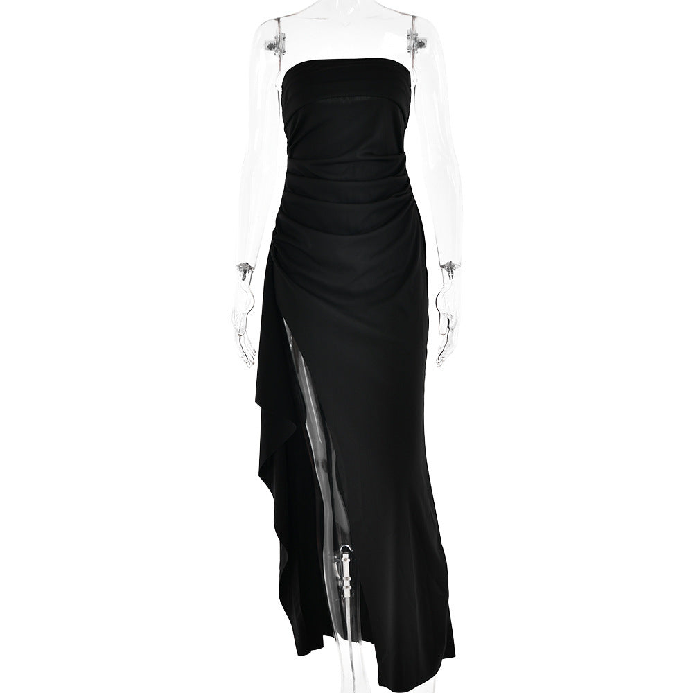 Women's Strapless Pleated Bridesmaid Dress – Long Split Evening Gown for Weddings & Galas